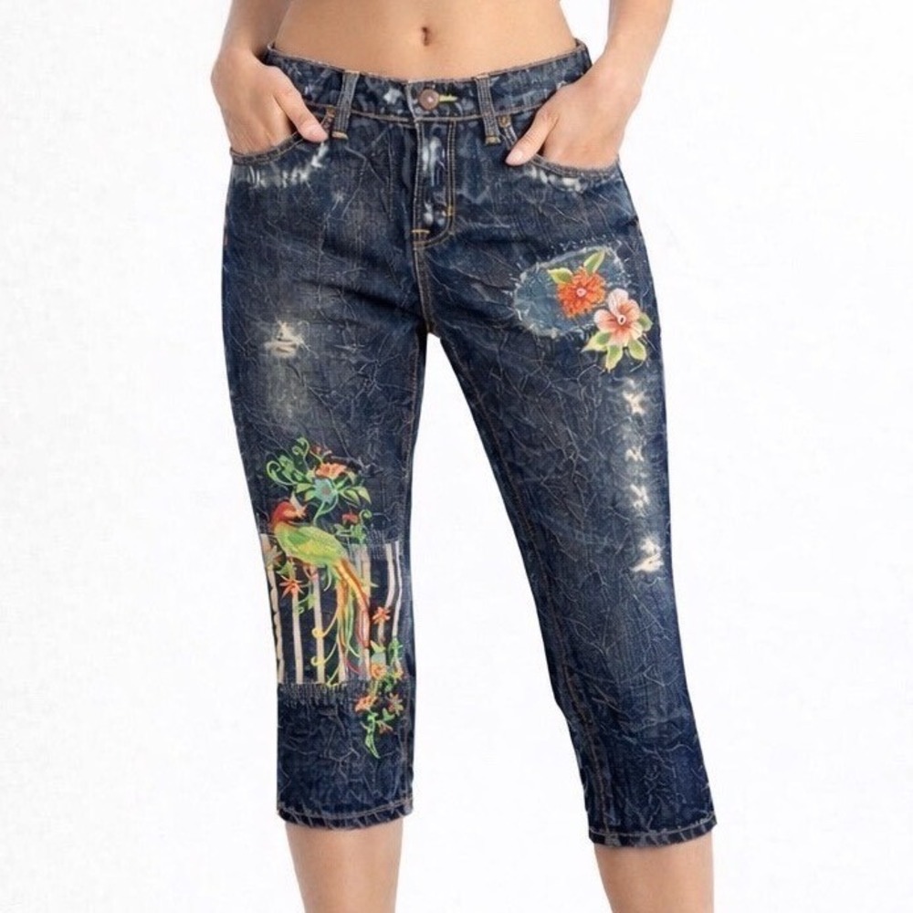 People4Peace Patchwork Grunge Y2K Heavy Denim Capri‎ USA Made Women 26 Dark Wash